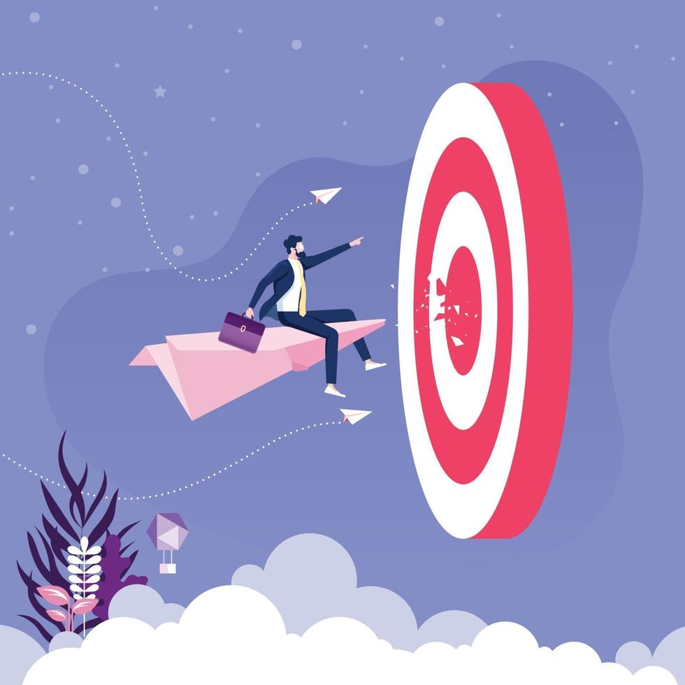 Businessman flying on paper plane go to target. Business concept vector