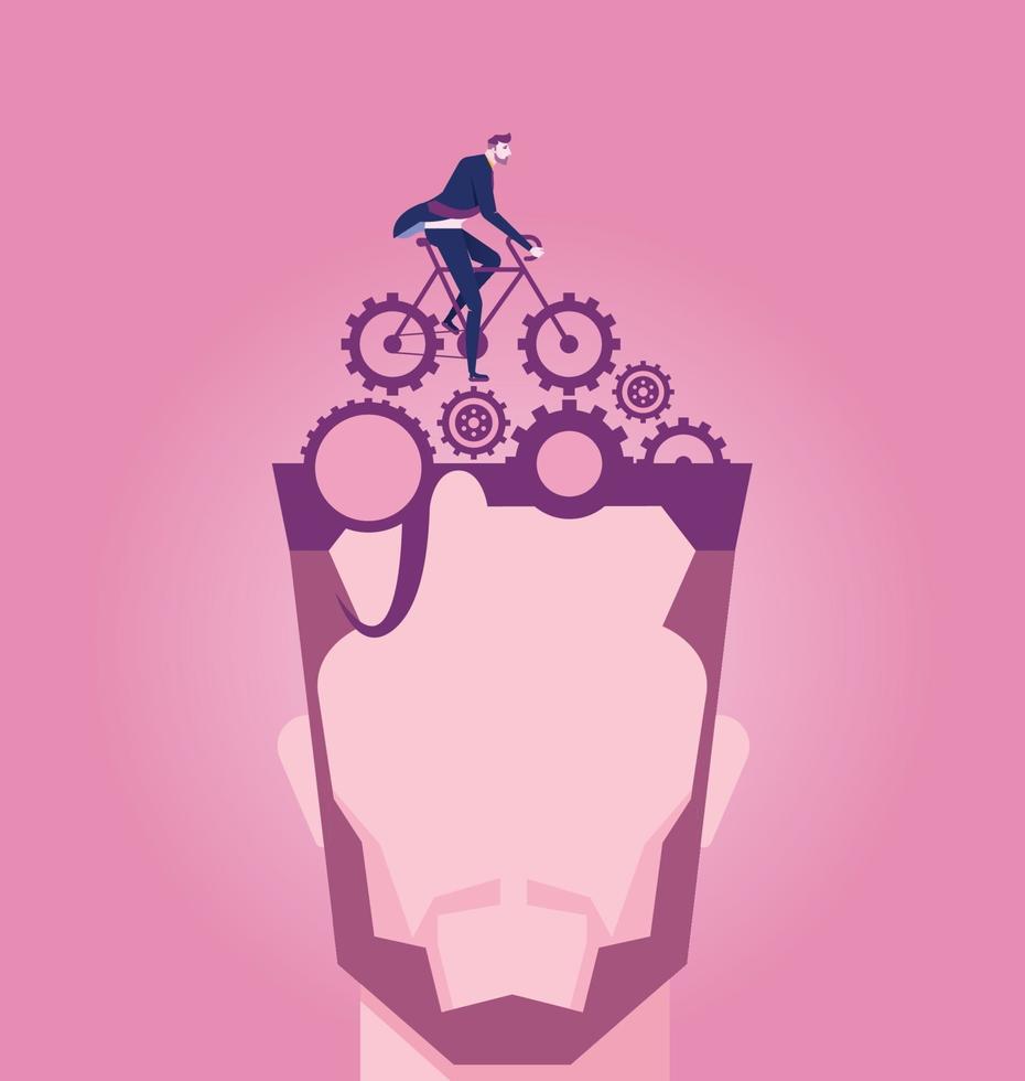 Businessman riding a bike with gears on head vector