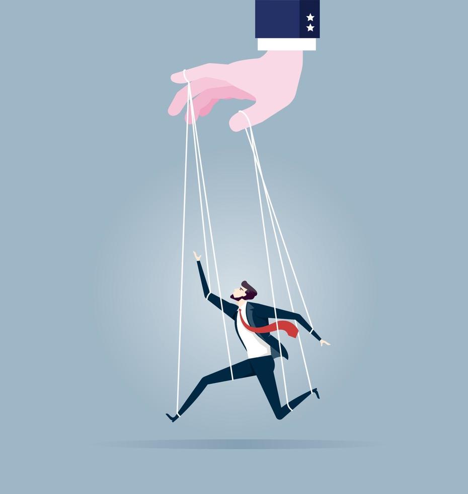 Businessman marionette on ropes controlled by hand. Business concept vector