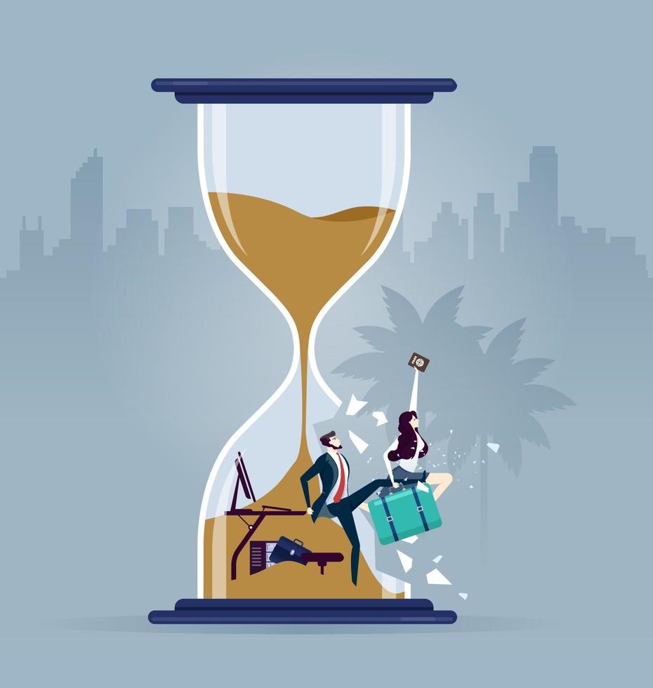 Breaking the time pressure. Businessman in a rush breaking a sand clock vector