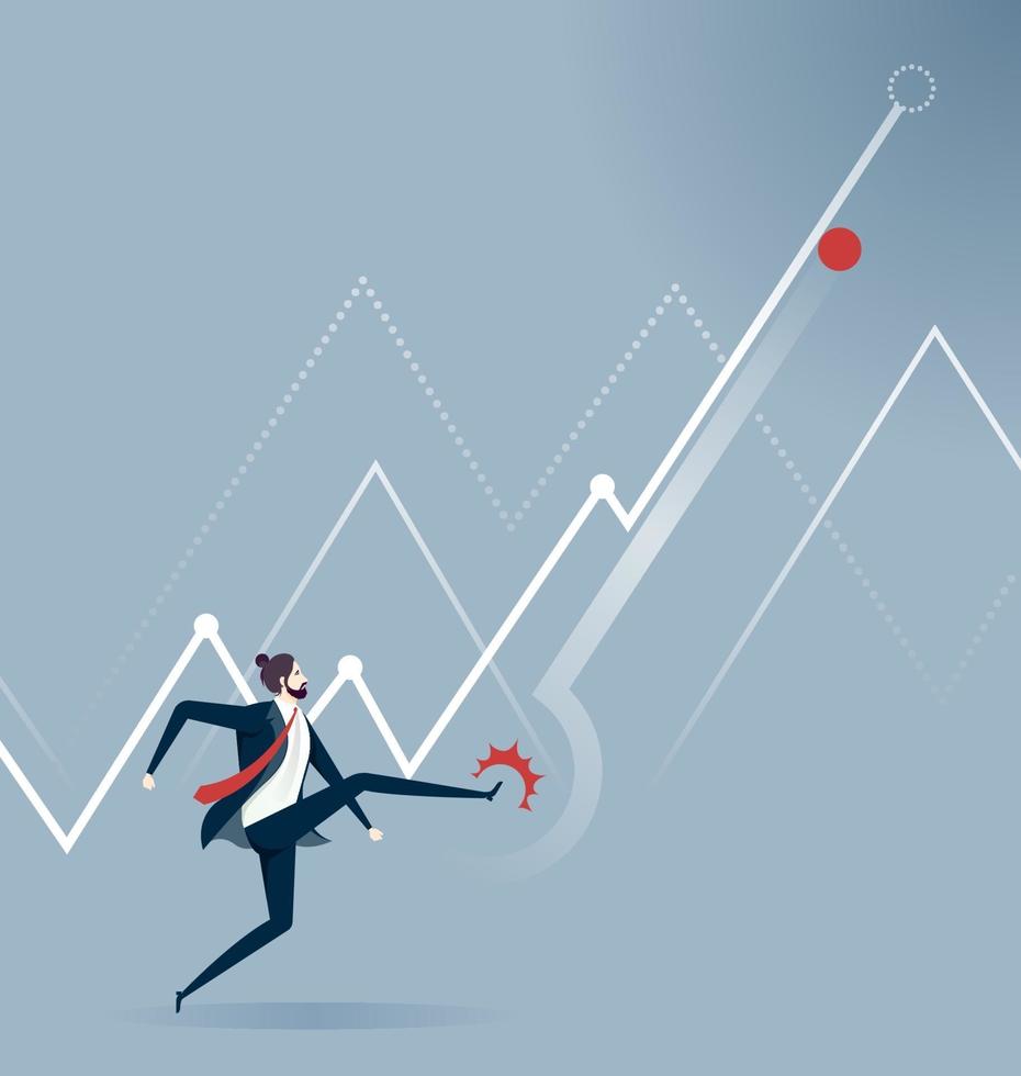 Businessman kicking dot sign creating rising business chart. Business concept vector