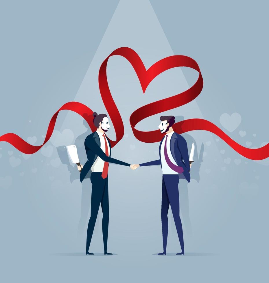 Two Businessmen In Masks Shake Hands and Hold Knives. Concept Business Vector