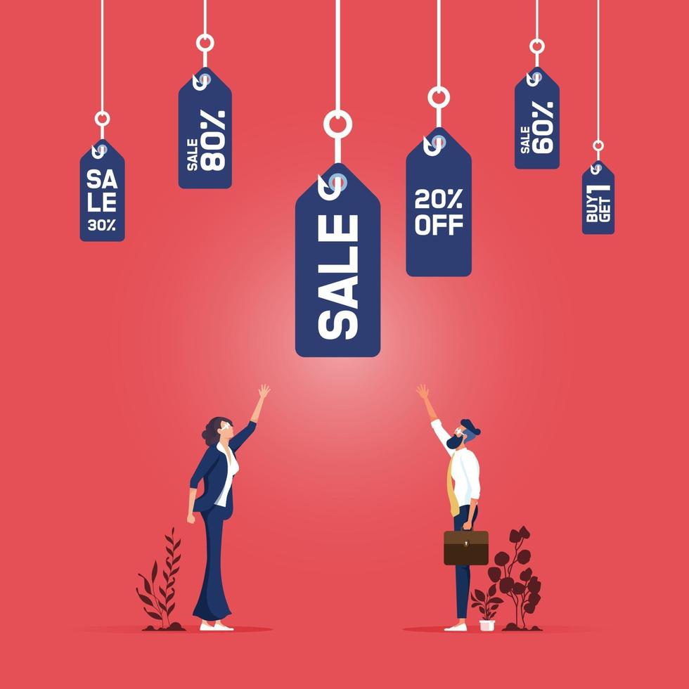 Price incentive retail, business concept. Business people with group of fishing hooks with sale price tags vector