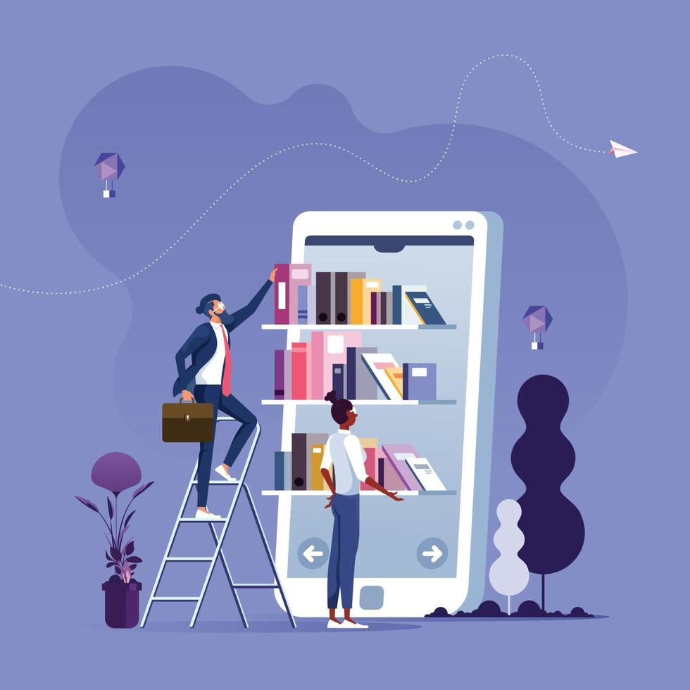 Online reading. Businessman taking books from bookshelf on smartphone screen. Mobile library concept vector