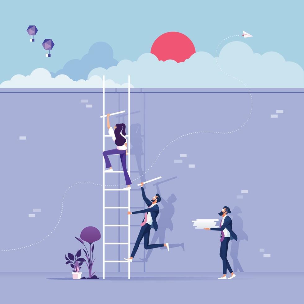 Business team builds a stair to success. Teamwork concept vector