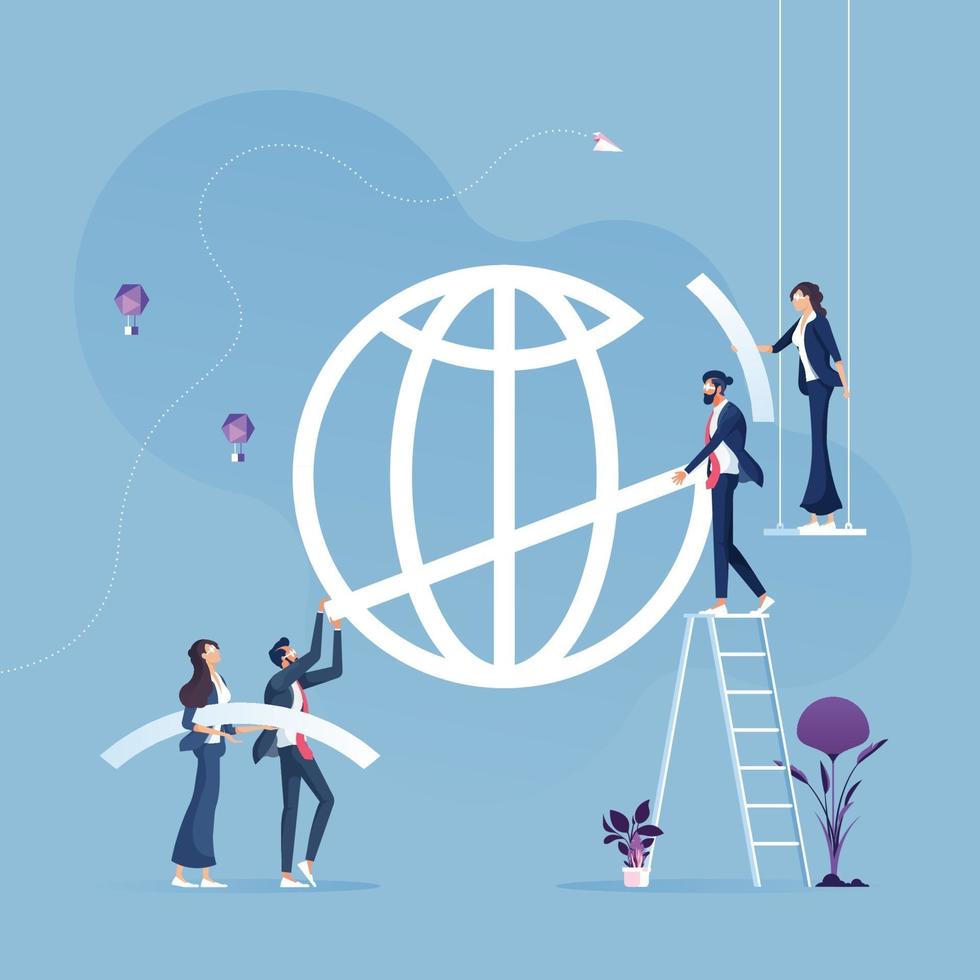 Business team help to build the global sign. Business global economy concept vector