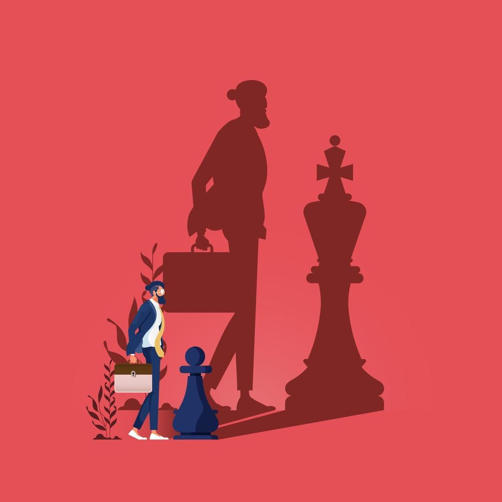 Dream big. Businessman standing with the shadow of a chess king vector