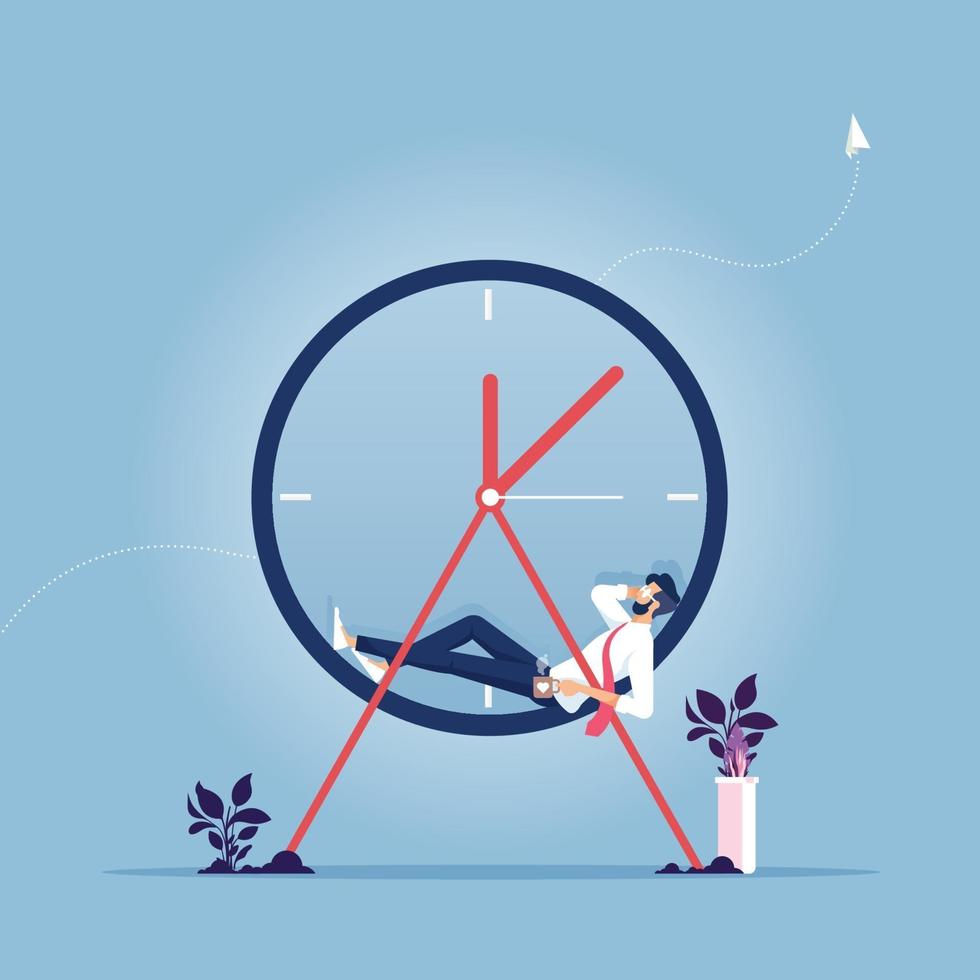 Relax time. Businessman holding hands behind head and relaxing on clock. Break time concept vector