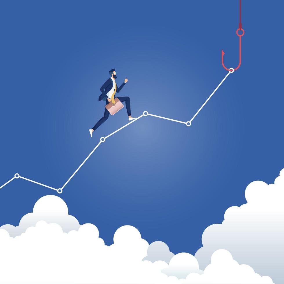 Money Trap concept. Businessman running higher on graph to fishing hook vector