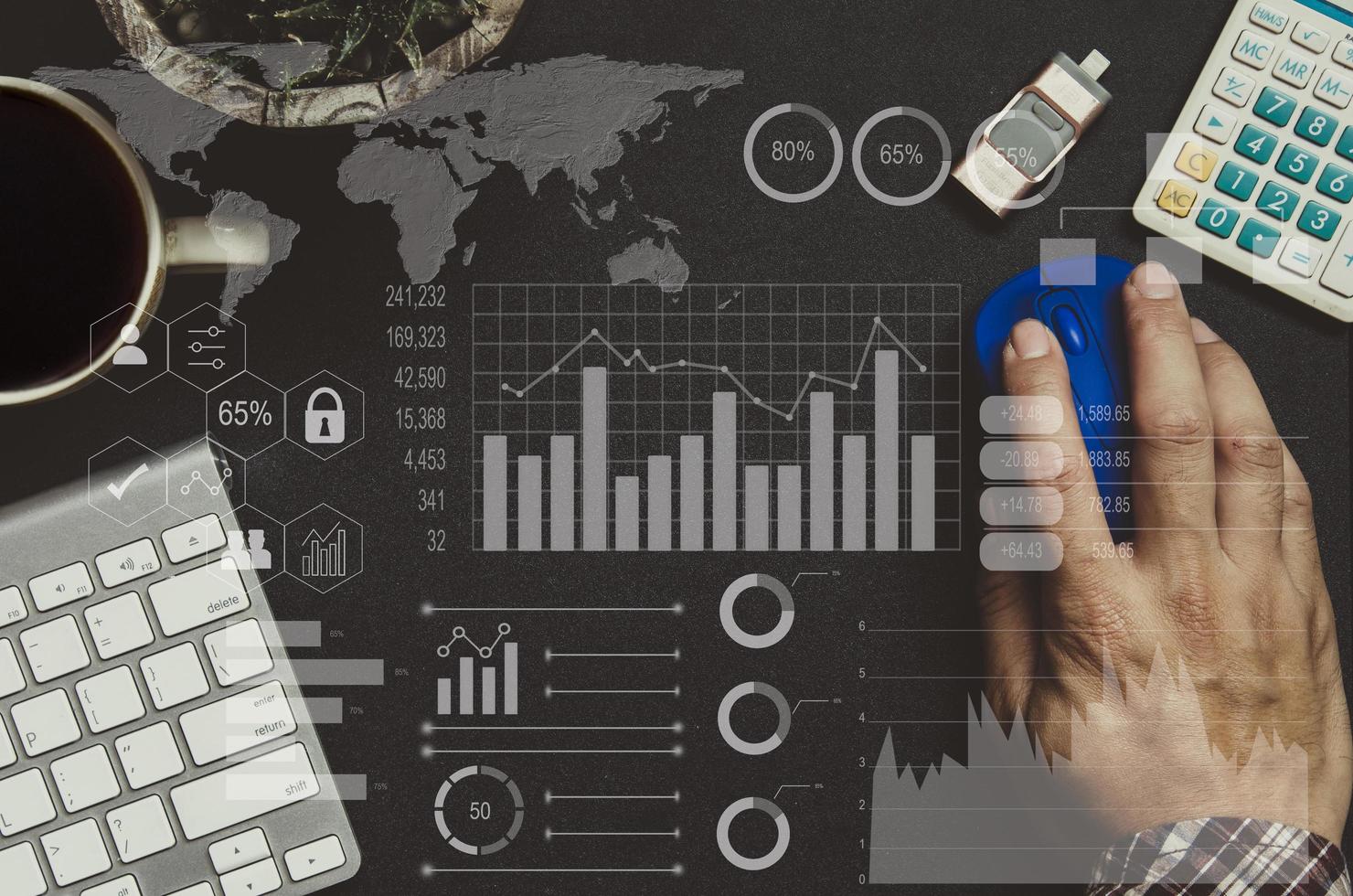 Investor analyzed stock market reports and financial dashboards with business intelligence. Analysis of marketing plans and business growth. Element of this image furnished by Nasa photo