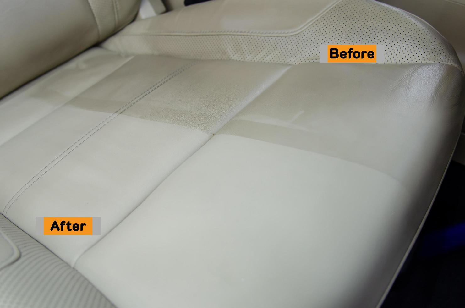 Before and after of leather seat cleaning service. photo