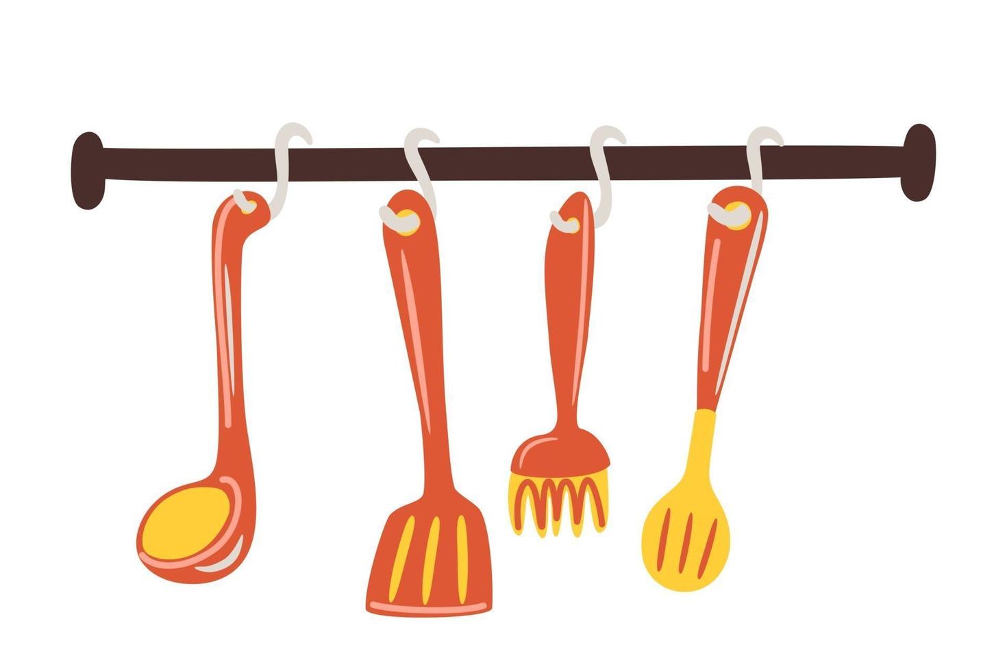 Utensilios de cocina y restaurante espátula, batidor, colador, cuchara. vector de dibujos animados set cubiertos de cocina colgando.