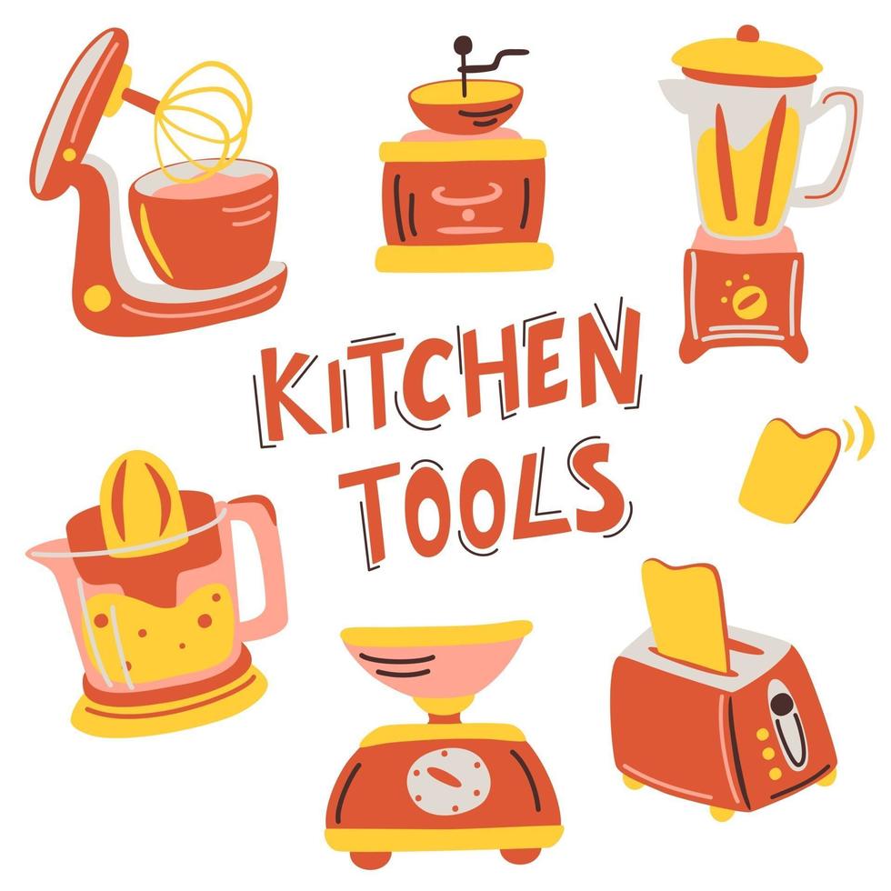 Hand drawn Kitchen appliance set. Vector illustration Equipment, item for cooking. Coffee maker machine, mixer, hood, scales, blender, toaster, juicer.