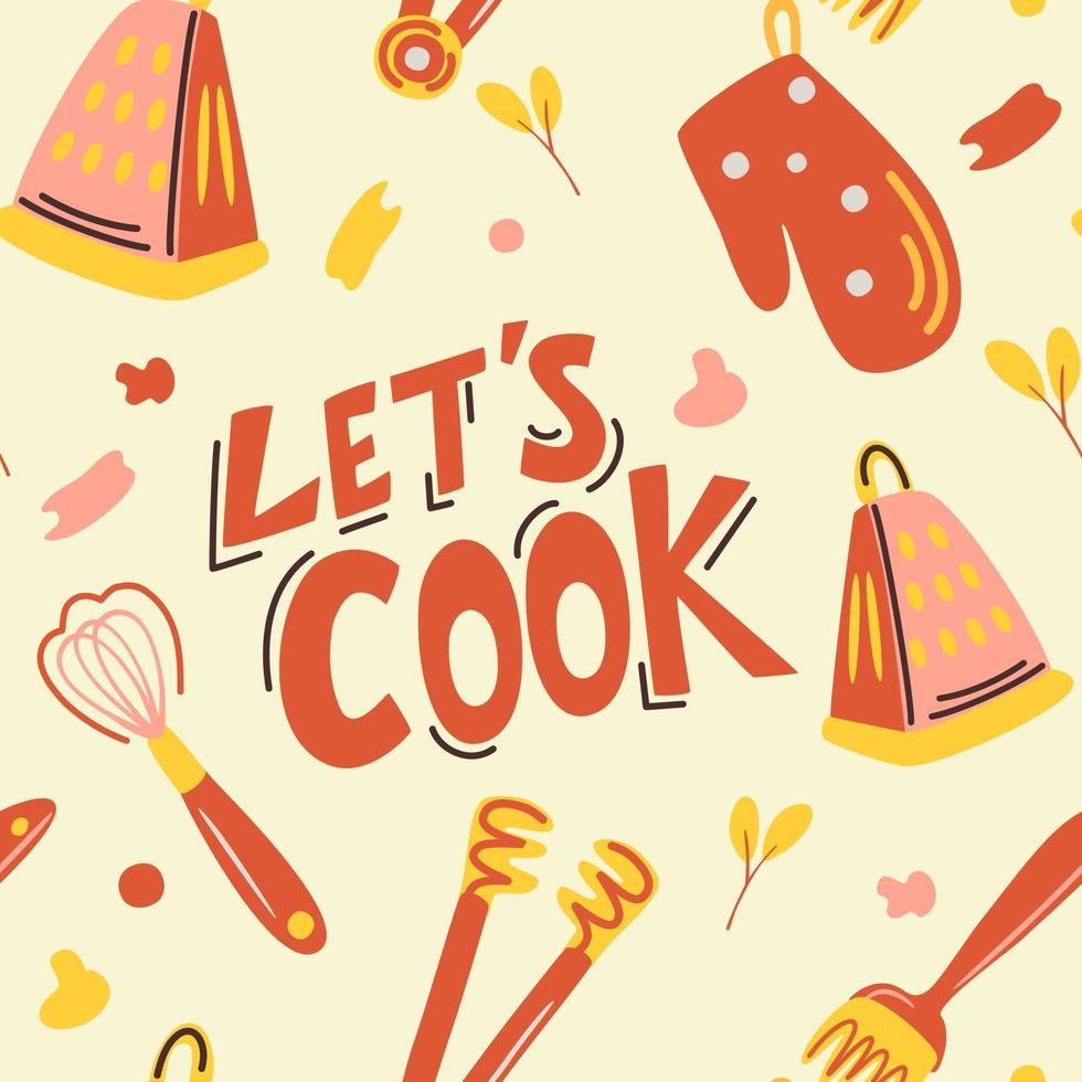 Vector seamless pattern with cooking utensils. Lets cook. Hand drawn cute background in vintage style.