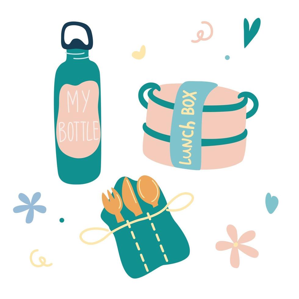 Zero waste concept set for lunch with bottle for water, lunch box, wood tableware. vector