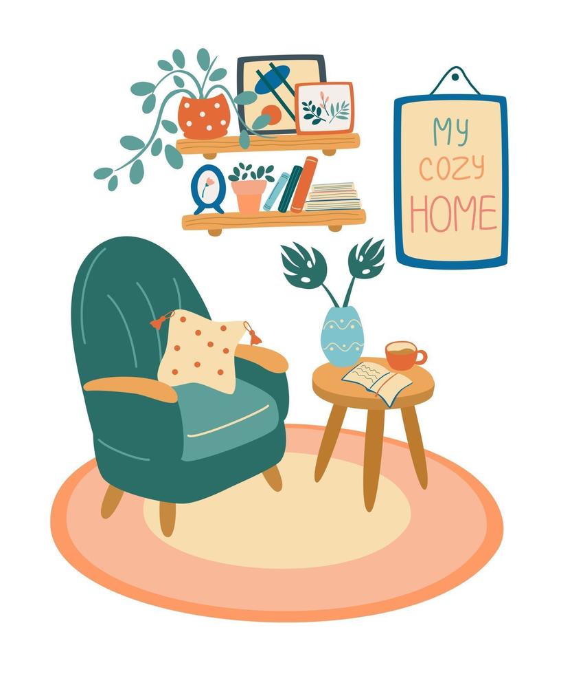 Living room interior. Armchair, coffee table, shelf with books and plants in pots, pictures in frames. Cozy home. vector