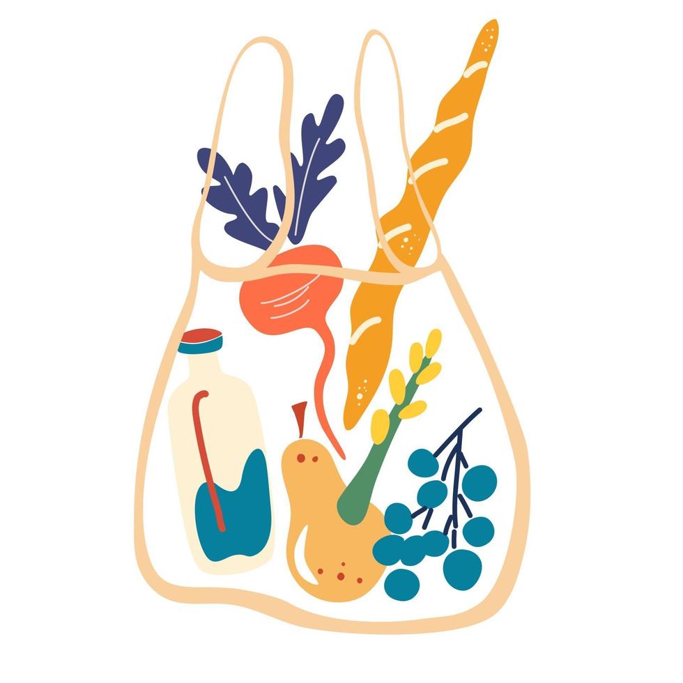 bolsa de hilo con comida. ilustración vectorial bolsa de compras neta ecológica con productos. concepto de cero residuos, sin plástico. vector