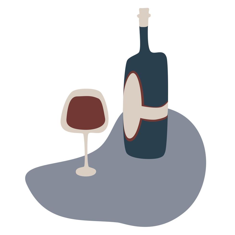 una botella de vino y una copa de vino tinto. naturaleza muerta. concepto de amantes del vino. vector