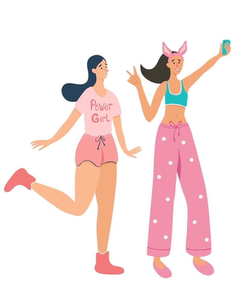 Two cute smiling girls friends in pajamas taking selfie photo. Young women posing for a photo. Female friendship. vector