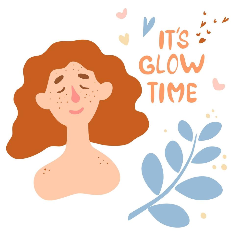 Cute red-haired girl with freckles and the inscription It's glow time. Body positive, self-love, unusual appearance. vector