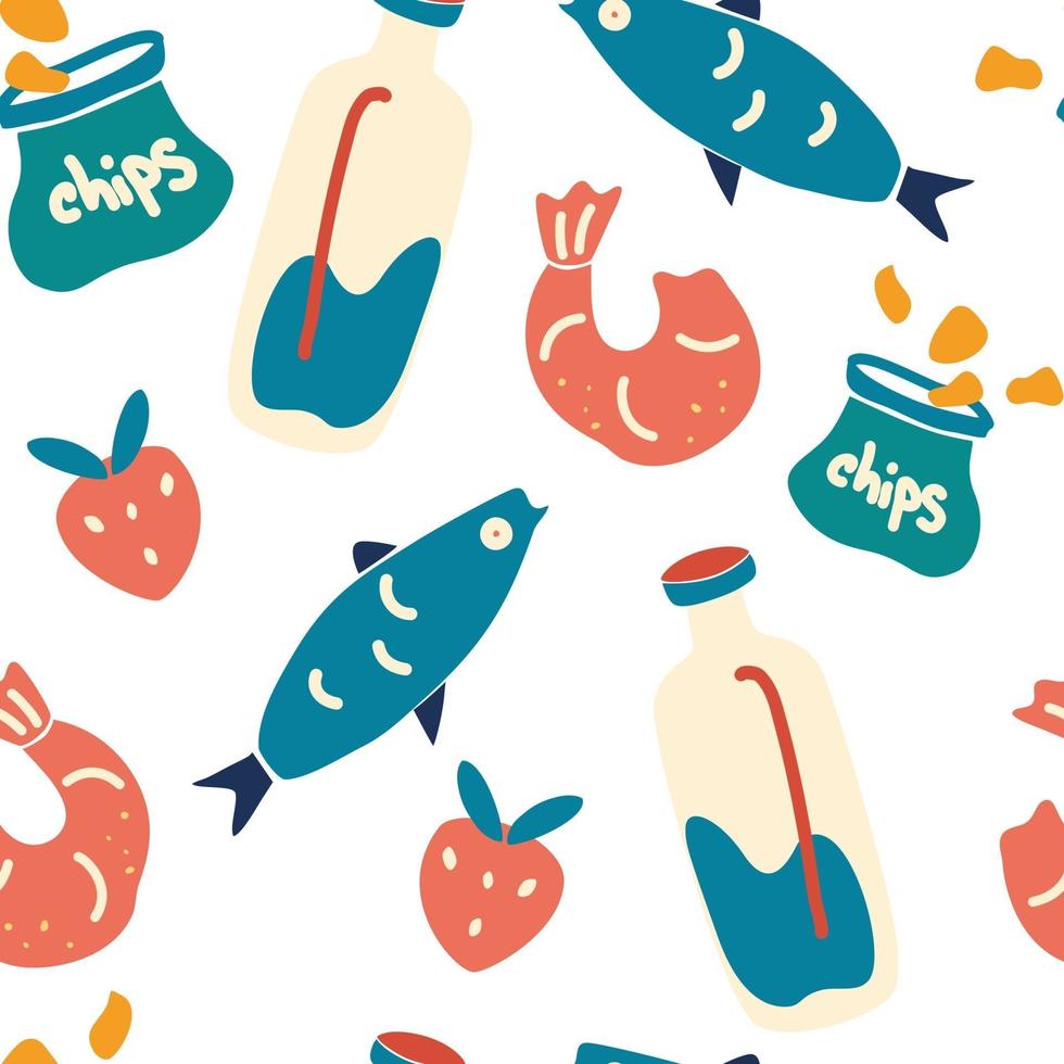 Stylish seamless pattern with products. Pattern with milk, fish, shrimp and strawberries. vector