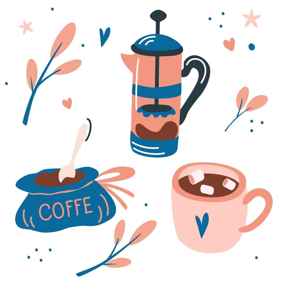 Vector set with coffee drinks. French press, a cup of marshmallow coffee and a bag of coffee.