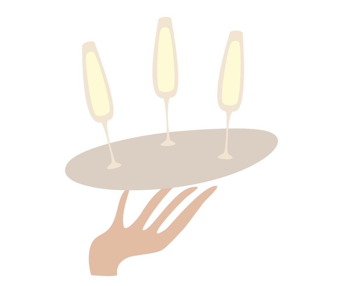 mano de camarero sosteniendo la bandeja con copas de champán. concepto de carta de vinos, menú de bar, bebidas alcohólicas. vector