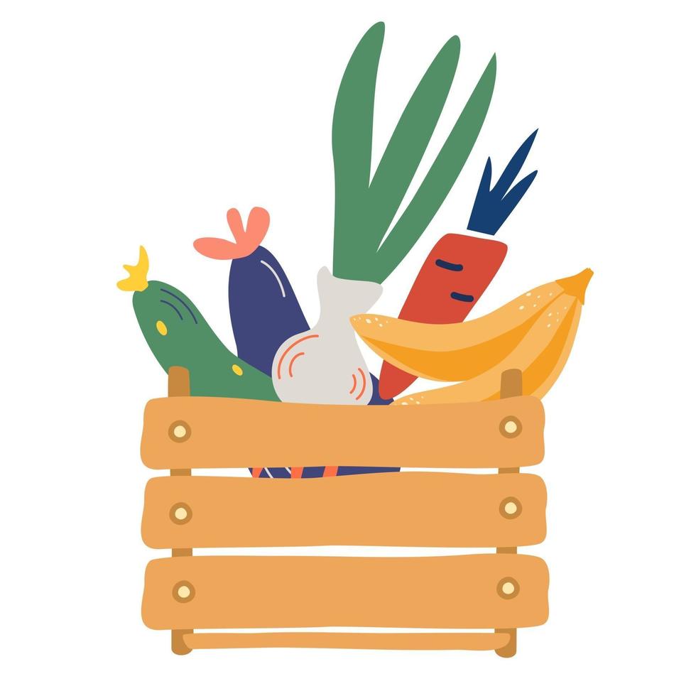 Wooden box with vegetables and fruits. Farmers market. vector