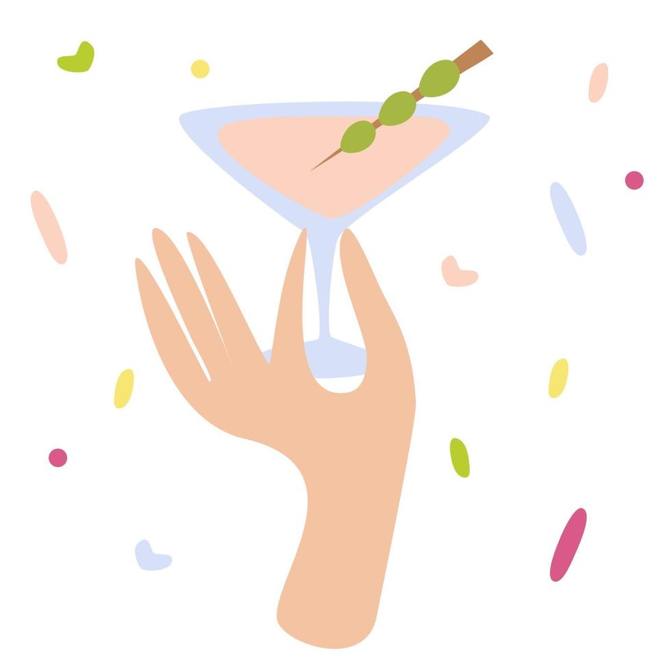 Woman hand holding a cocktail glass with martini or alcohol drink with olive. Happy hour, cheers sign, party design, celebration with love. vector