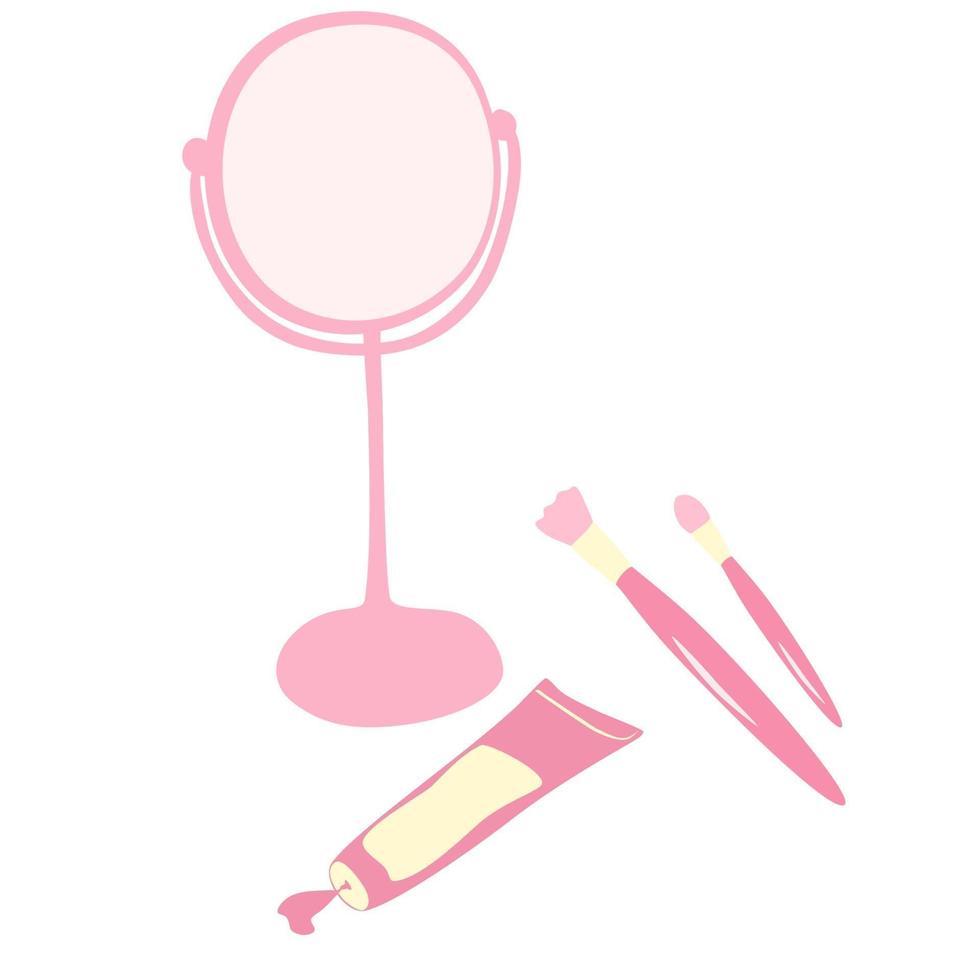 ilustración vectorial del espejo de una mujer de dibujos animados. maquillaje, brochas y crema. vector