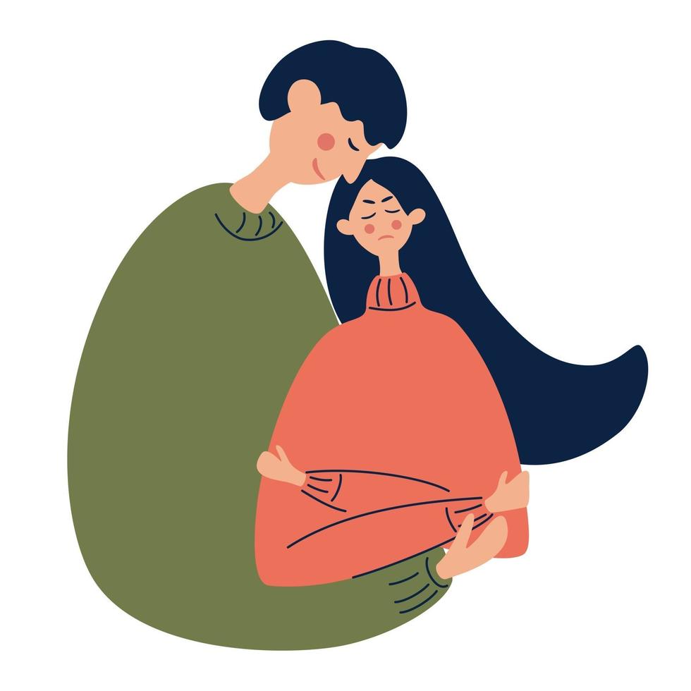 Young guy hugs a frustrated girl. An unhappy, grieving woman or a tense student. vector