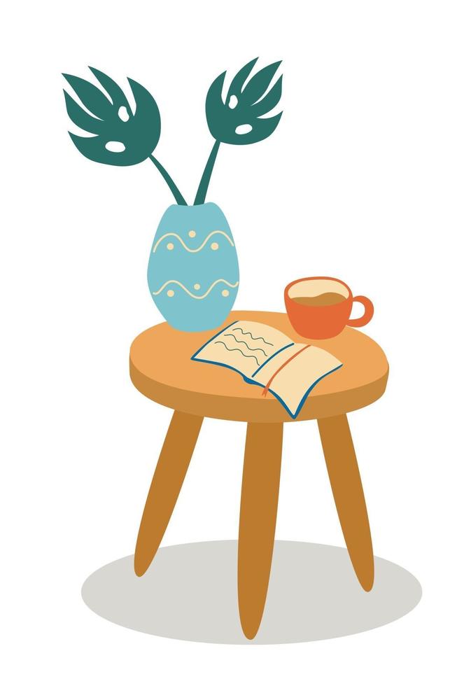 mesa de centro de madera con jarrón y ramas de follaje, libro y taza de café o té. vector