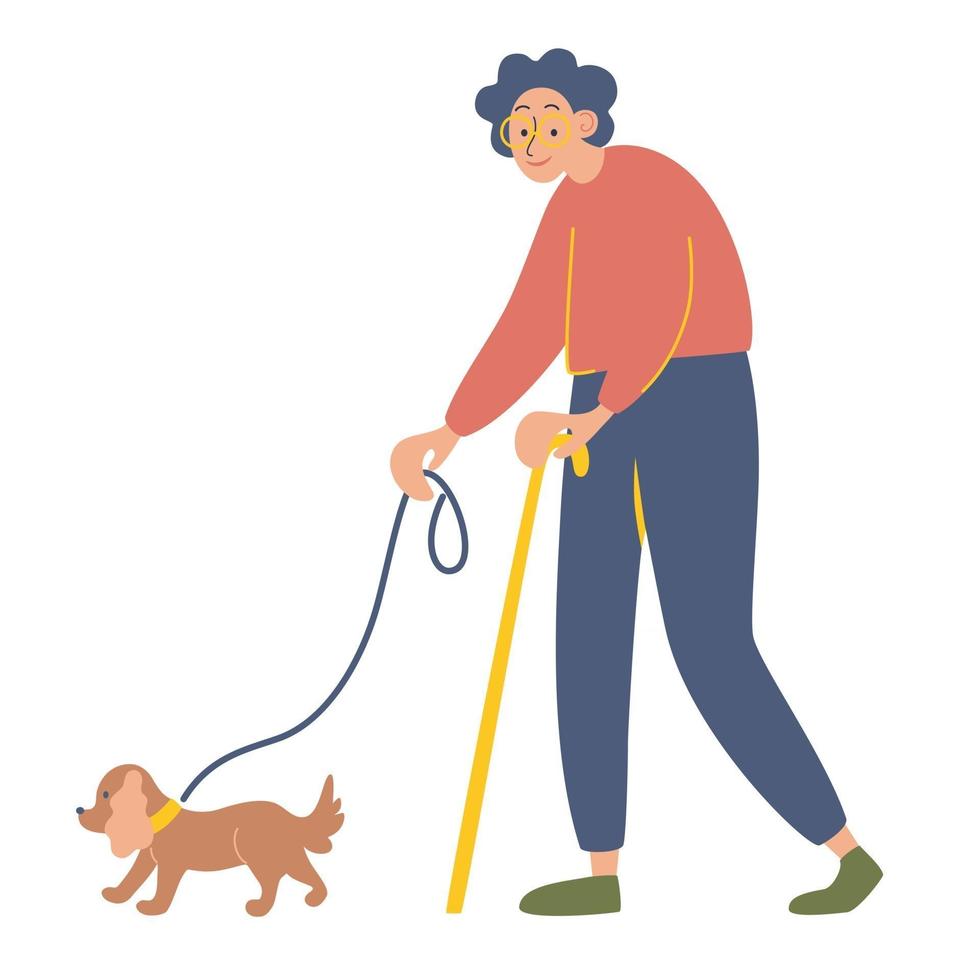 Elderly woman with a cane on a walk with her beloved dog. Happy old lady with her favorite pet. vector