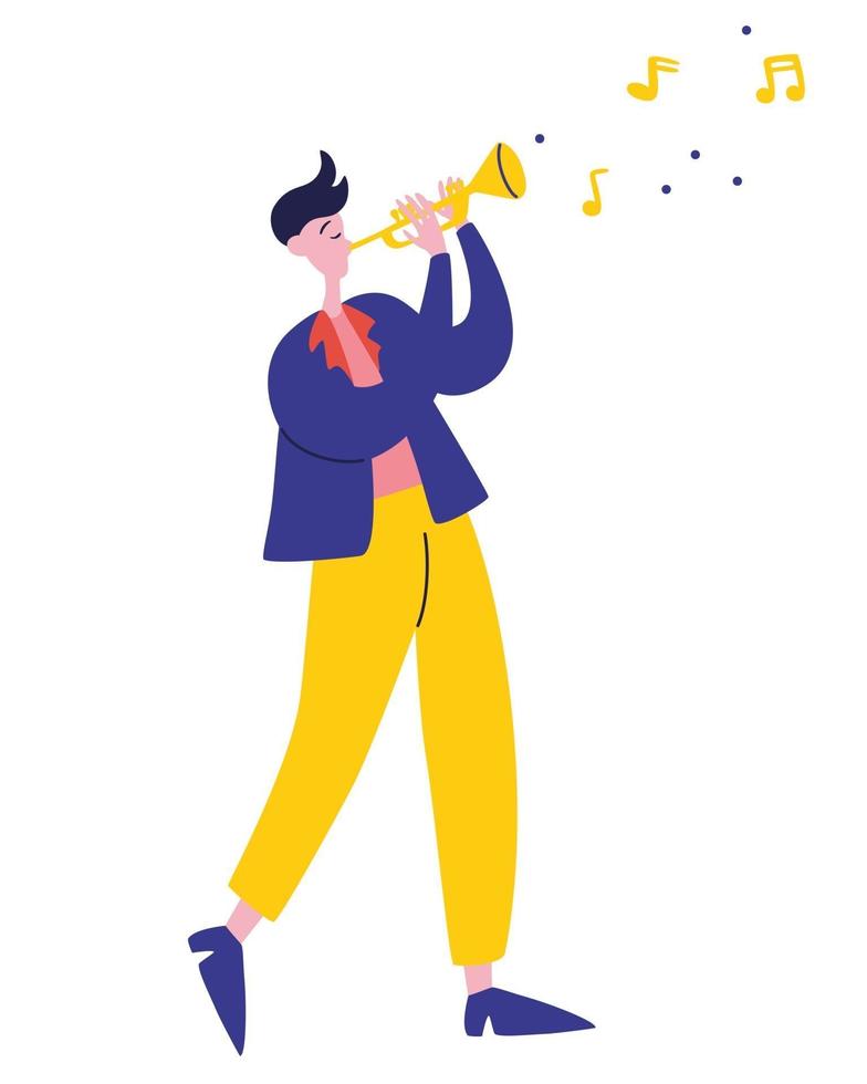 Young guy plays the trumpet jazz music. Man Playing Melody Musician Golden Trumpet, Orchestra Performer. vector