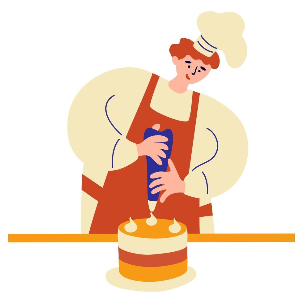 Happy baker confectioner preparing decorating cake. Cooking, decoration, profession, work concept. vector