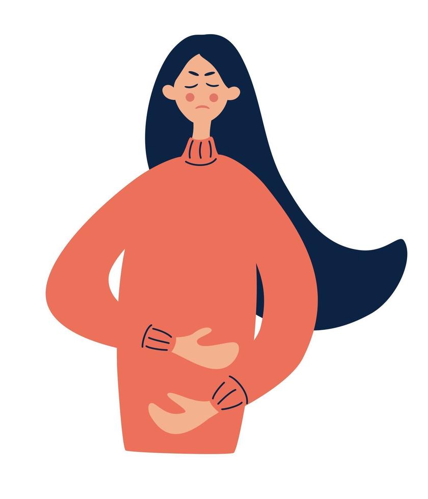 Young woman holds her hands on her stomach. Woman's emotions. Female abdominal pain. vector