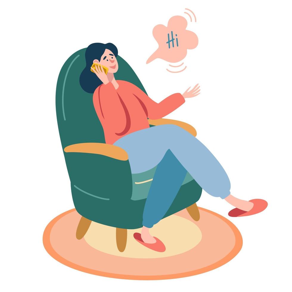 la niña está sentada en una silla verde y habla por teléfono. elemento de diseño para banner, cartel. personaje femenino, comunicación, trabajo en casa. vector