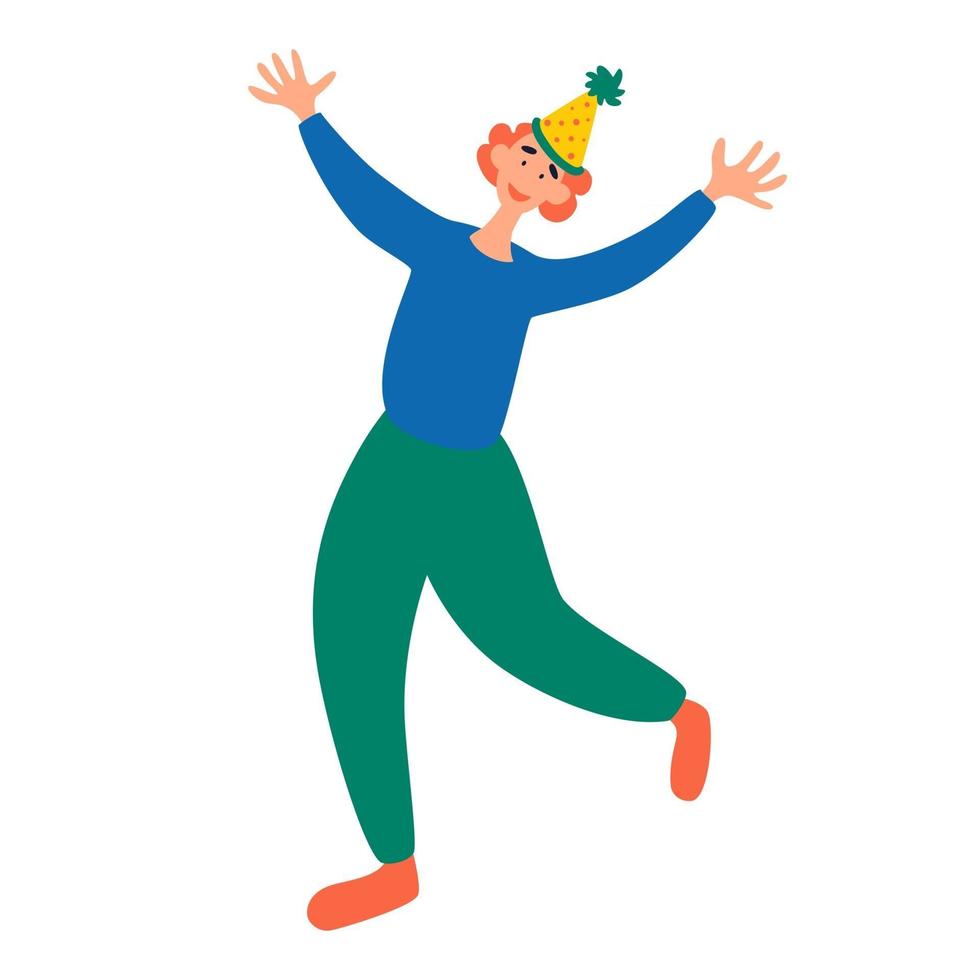 Young cheerful dancing man is happy at a party. Male character at party or holiday. vector