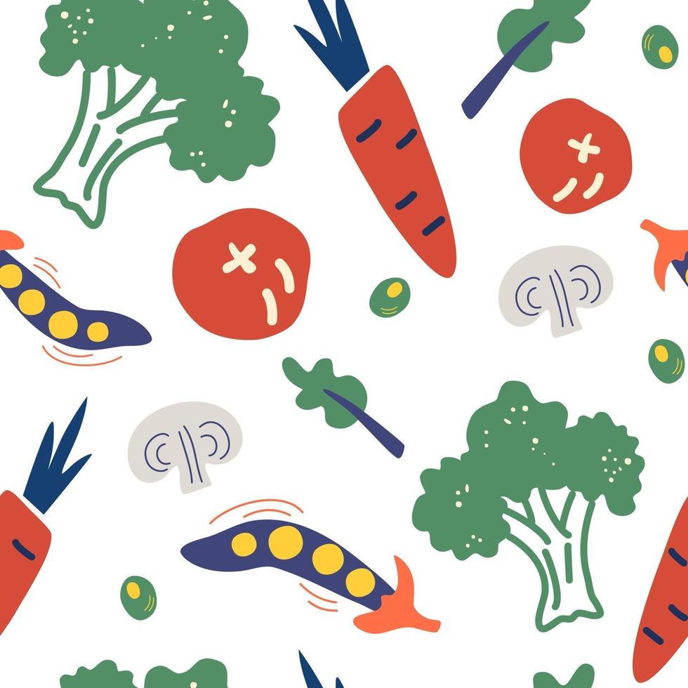 Seamless pattern with hand drawn vegetables. Vegetarian healthy food vector texture. Vegan, farm, organic, detox.