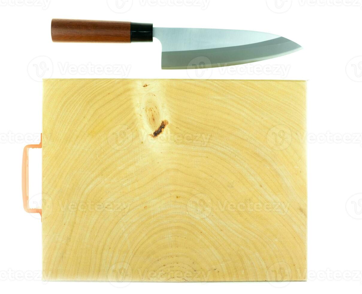 Japanese kitchen Deba knife and wood butcher block countertop on white background photo