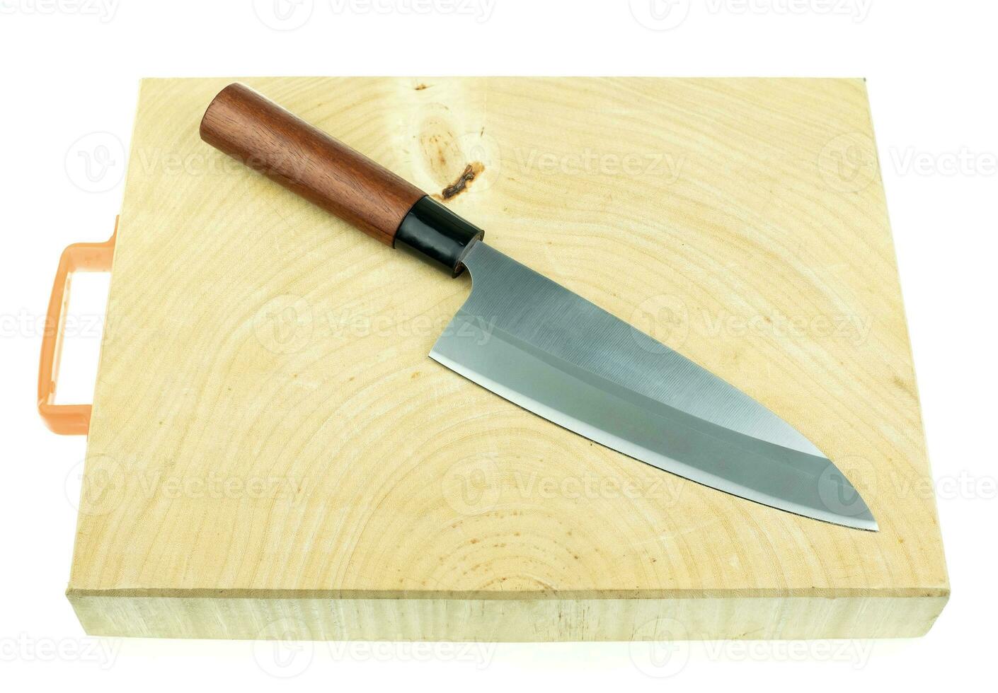 Kitchen knife and wooden butcher block countertop on a white background photo