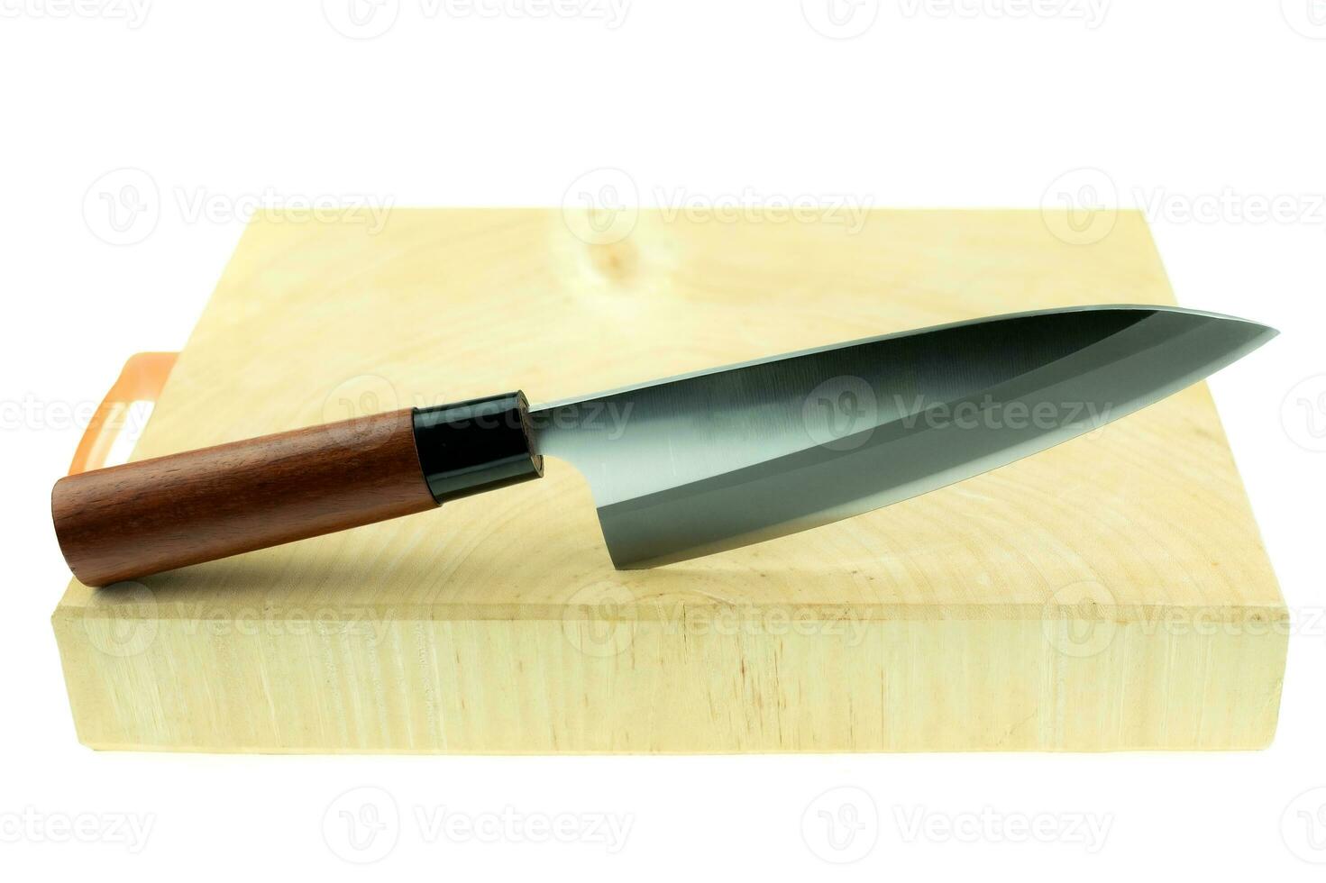 Kitchen knife and wooden butcher block countertop on a white background photo