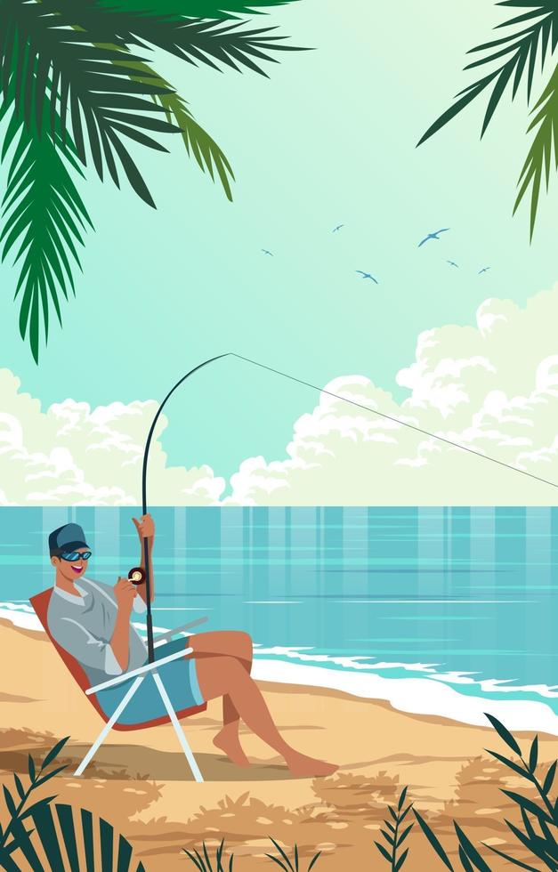 Fisherman Fishing At The Beach vector