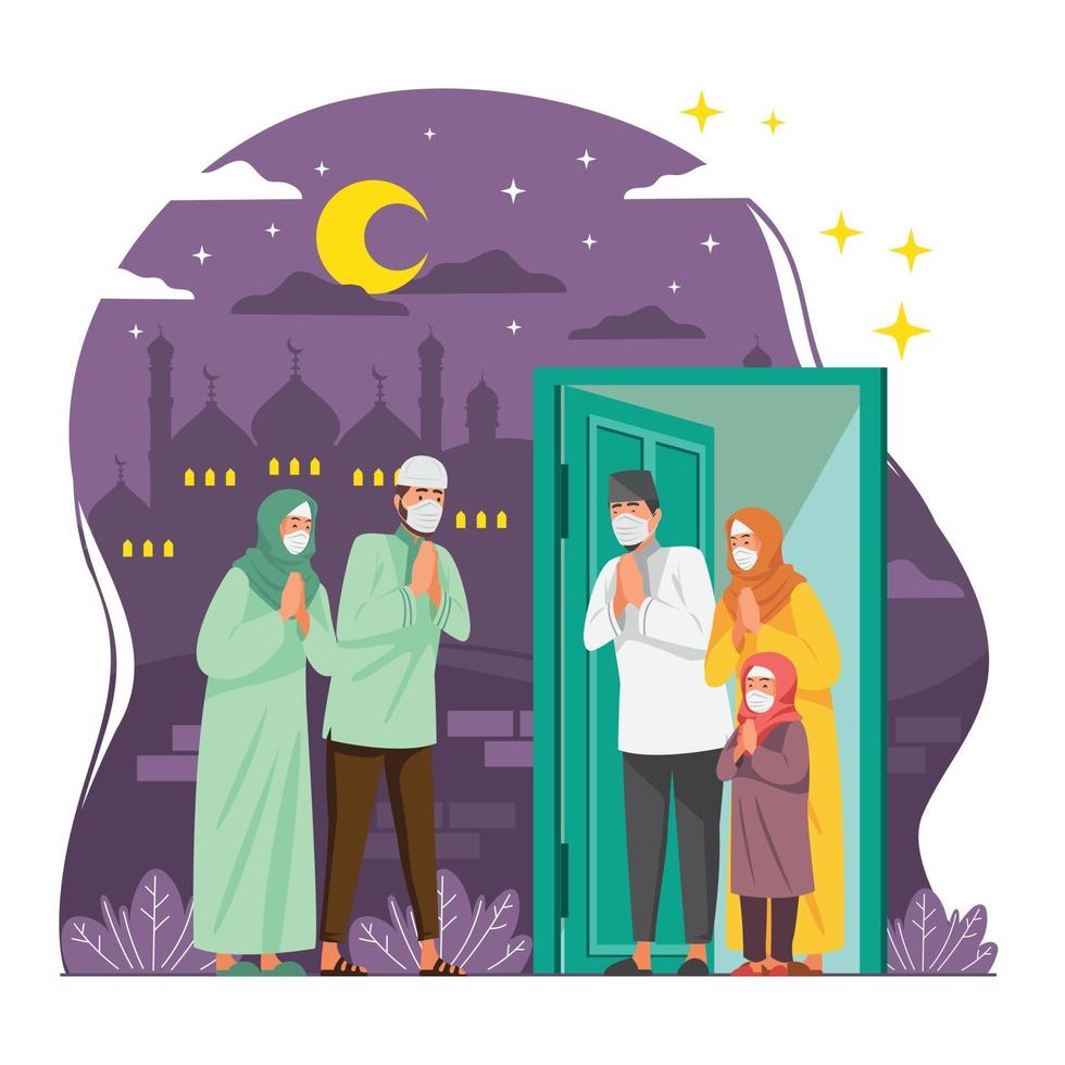 Family and Friends Celebrating Eid with Health Protocol vector