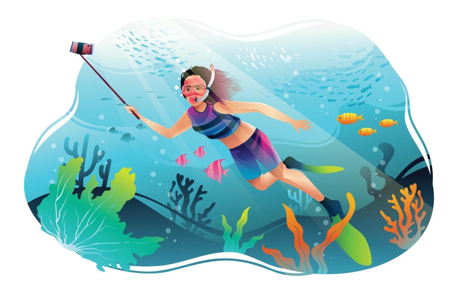Young Girl Diving in The Ocean with Selfie Camera vector