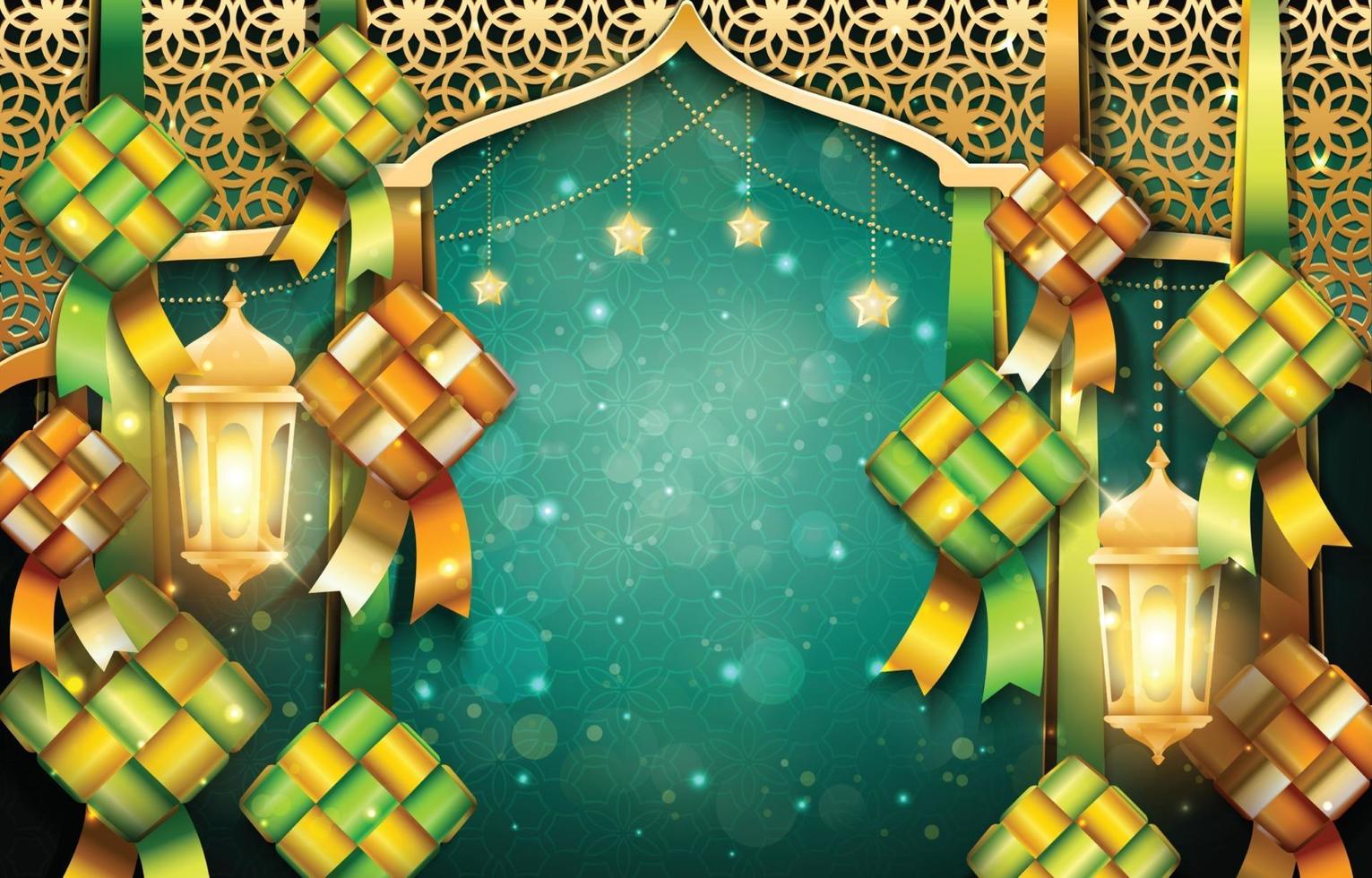 Fondo de eid mubarak con ketupats y linternas. vector