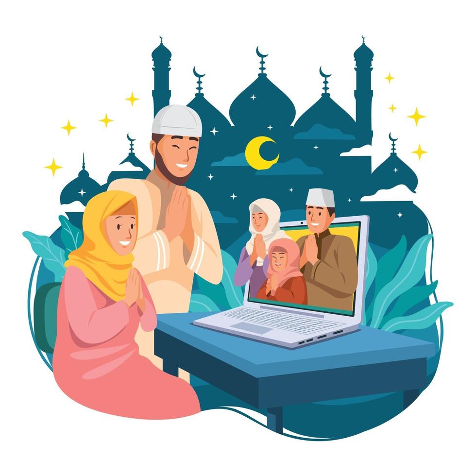 familia y amigos celebrando el eid con reunión en línea vector