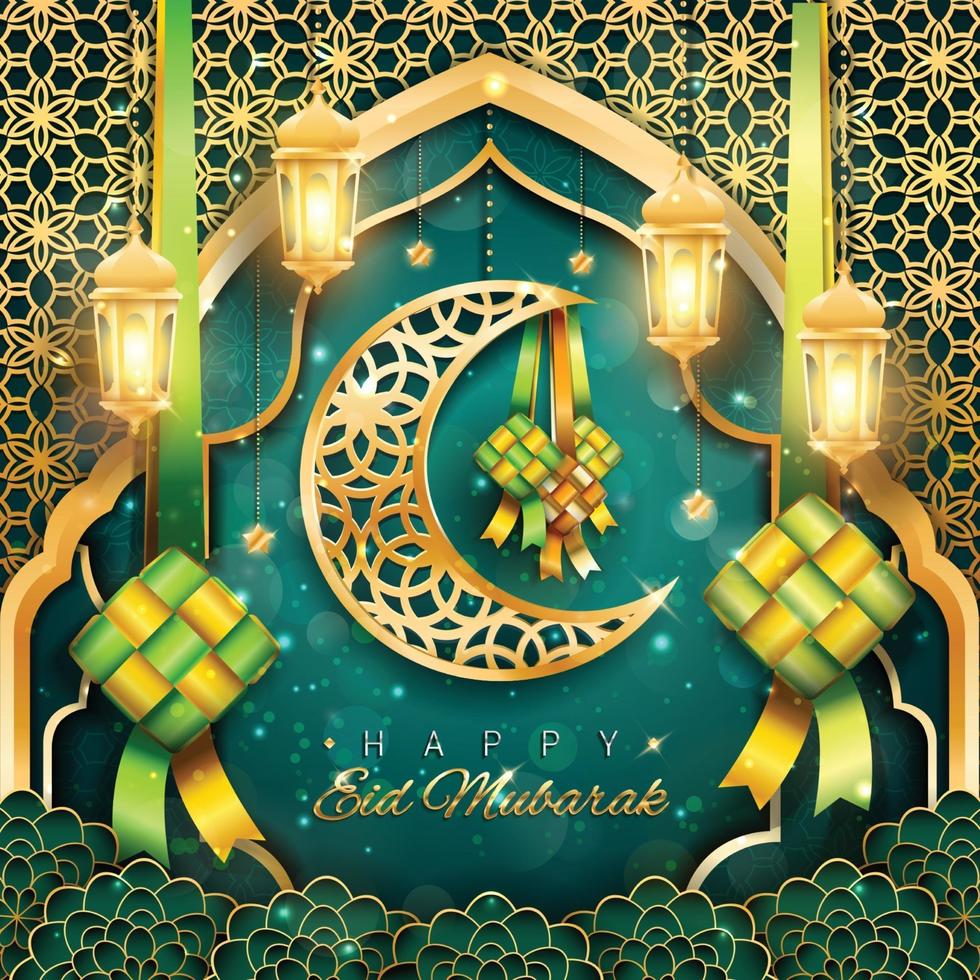 feliz eid mubarak con luna y ketupat vector