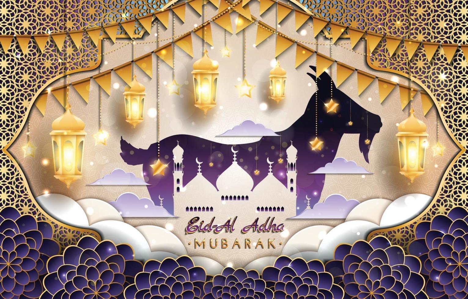 eid al adha mubarak con concepto de cabra y mezquita vector