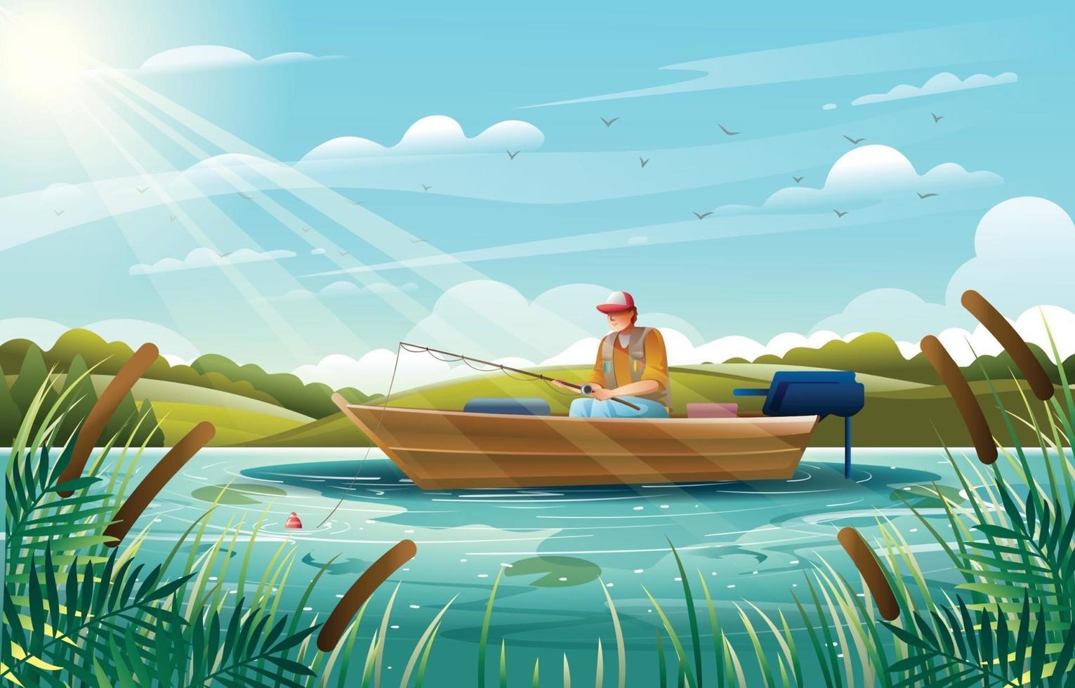 Man Sitting In a Boat and Fishing in Summer Lake vector